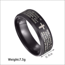 Load image into Gallery viewer, Lords Prayer Cross Ring for Men (Black Stainless Steel) - Religous Bible Verse Inscribed Jewelry
