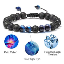 Load image into Gallery viewer, M MOOHAM Natural Bead Bracelet 8mm Gem Semi Precious Stone Round Bead Black Lava Rock and Blue Tiger Eye Beads Bracelet Men Women Stress
