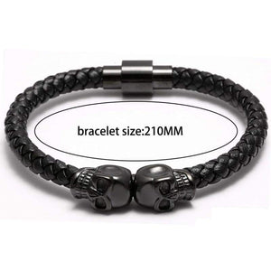Meangel Braided Leather Bracelet for Men Stainless Steel Twin Skull Bangle Magnetic-Clasp 8.2 Inch - Apparel