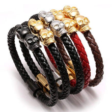 Load image into Gallery viewer, Meangel Braided Leather Bracelet for Men Stainless Steel Twin Skull Bangle Magnetic-Clasp 8.2 Inch - Apparel
