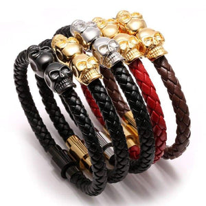 Meangel Braided Leather Bracelet for Men Stainless Steel Twin Skull Bangle Magnetic-Clasp 8.2 Inch - Apparel