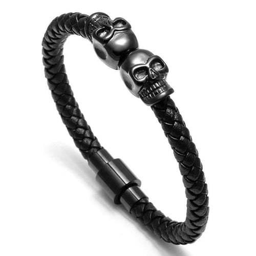 Meangel Braided Leather Bracelet for Men Stainless Steel Twin Skull Bangle Magnetic-Clasp 8.2 Inch - Apparel