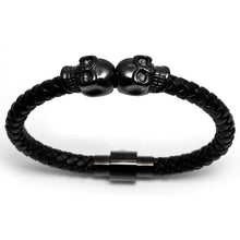 Load image into Gallery viewer, Meangel Braided Leather Bracelet for Men Stainless Steel Twin Skull Bangle Magnetic-Clasp 8.2 Inch - Apparel
