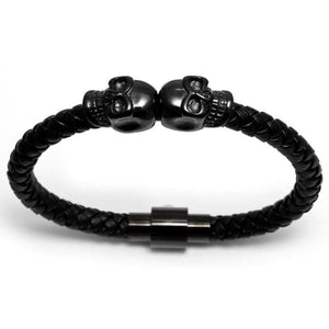 Meangel Braided Leather Bracelet for Men Stainless Steel Twin Skull Bangle Magnetic-Clasp 8.2 Inch - Apparel