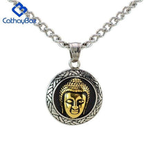 Load image into Gallery viewer, Men Women Two Tone Vintage Look Stainless Steel Buddhism Buddha Head Round Charm Pendant Necklace - Pendant Necklace
