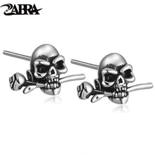Load image into Gallery viewer, Mens Earrings Silver 925 Skull Rose Studs SteamRock Biker Men Vintage Earrings Black Sterling Silver Jewelry
