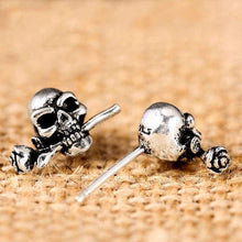 Load image into Gallery viewer, Mens Earrings Silver 925 Skull Rose Studs SteamRock Biker Men Vintage Earrings Black Sterling Silver Jewelry
