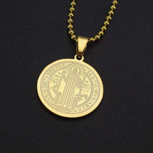 Load image into Gallery viewer, Mens Gold Tone Stainless Steel Patron Saint St. Benedict Holy Medal Pendant Necklace Free Chain 60CM Long Small - Pendant Necklace
