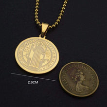 Load image into Gallery viewer, Mens Gold Tone Stainless Steel Patron Saint St. Benedict Holy Medal Pendant Necklace Free Chain 60CM Long Small - Pendant Necklace
