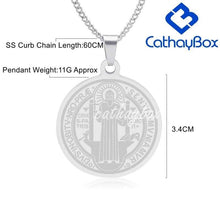 Load image into Gallery viewer, Mens Silver Stainless Steel Catholic Religious Patron Saint St Benedict Holy Medal Pendant Necklace SS Curb Chain 60CM - Pendant Necklace
