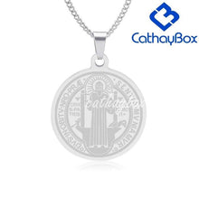 Load image into Gallery viewer, Mens Silver Stainless Steel Catholic Religious Patron Saint St Benedict Holy Medal Pendant Necklace SS Curb Chain 60CM - Pendant Necklace
