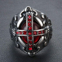 Load image into Gallery viewer, Men's Stainless Steel Vintage Ruby Red Gemstone Cross Rings Silver Black Gothic Biker Wedding Band
