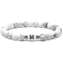 Load image into Gallery viewer, MetJakt Handmade A-Z Letters Bracelet | Natural 6mm Howlite Bracelet | Women 6.7-7.3 ″ Elastic Silver Beads Bracelet
