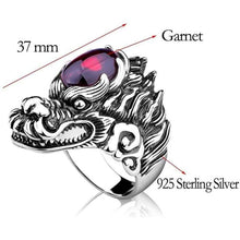 Load image into Gallery viewer, MetJakt Punk Rock Domineering Dragon Ring with Garnet Solid 925 Sterling Silver Handmade Engraved Men's Rider Jewelry
