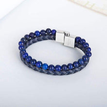 Load image into Gallery viewer, murtoo Mens Bead Leather Bracelet Blue and Brown Bead and Leather Bracelet for Men (blue) - Apparel
