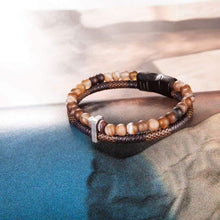 Load image into Gallery viewer, murtoo Mens Bead Leather Bracelet Blue and Brown Bead and Leather Bracelet for Men (Brown) - Apparel
