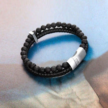 Load image into Gallery viewer, murtoo Mens Bead Leather Bracelet Blue and Brown Bead and Leather Bracelet for Men (Black) - Jewelry
