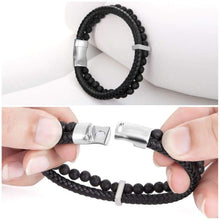 Load image into Gallery viewer, murtoo Mens Bead Leather Bracelet Blue and Brown Bead and Leather Bracelet for Men (Black) - Jewelry
