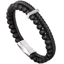 Load image into Gallery viewer, murtoo Mens Bead Leather Bracelet Blue and Brown Bead and Leather Bracelet for Men (Black) - Jewelry
