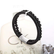 Load image into Gallery viewer, murtoo Mens Bead Leather Bracelet Blue and Brown Bead and Leather Bracelet for Men (Black) - Jewelry
