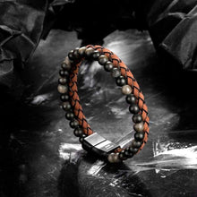 Load image into Gallery viewer, murtoo Mens Bead Leather Bracelet Blue and Brown Bead and Leather Bracelet for Men (orange green black) - Apparel
