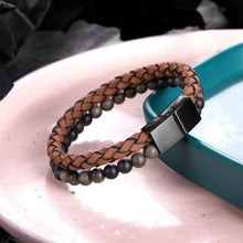 Load image into Gallery viewer, murtoo Mens Bead Leather Bracelet Blue and Brown Bead and Leather Bracelet for Men (orange green black) - Apparel
