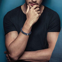 Load image into Gallery viewer, murtoo Mens Bead Leather Bracelet Blue and Brown Bead and Leather Bracelet for Men (blue-silver) - Apparel
