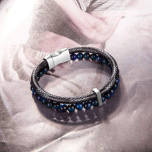 Load image into Gallery viewer, murtoo Mens Bead Leather Bracelet Blue and Brown Bead and Leather Bracelet for Men (blue-silver) - Apparel
