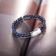 Load image into Gallery viewer, murtoo Mens Bead Leather Bracelet Blue and Brown Bead and Leather Bracelet for Men (blue-silver) - Apparel
