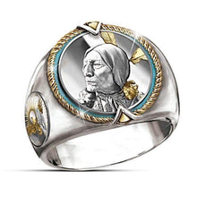 Load image into Gallery viewer, Native American Indian Chief Vintage Style Coin Ring - Silver, Gold &amp; Turquoise
