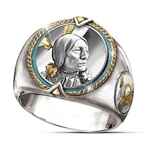 Load image into Gallery viewer, Native American Indian Chief Vintage Style Coin Ring - Silver Gold &amp; Turquoise - Indian Chief / 7 - 100007323
