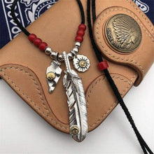 Load image into Gallery viewer, Native American Indian Style Sterling Silver 925 Feather Necklace For Men Women Handmade Thai Silver Charms Deer Leather Chain (80cm
