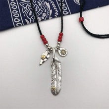 Load image into Gallery viewer, Native American Indian Style Sterling Silver 925 Feather Necklace For Men Women Handmade Thai Silver Charms Deer Leather Chain (80cm
