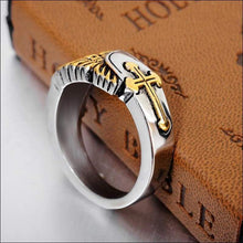 Load image into Gallery viewer, religous-jesus-cross-ring-amulet-jewlry-gold-black-rosegold-stainless-steel-letter-initials-letter-monogram-bible-rings-women-5-colors
