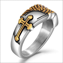 Load image into Gallery viewer, religous-jesus-cross-ring-amulet-jewlry-gold-black-rosegold-stainless-steel-letter-initials-letter-monogram-bible-rings-women-5-colors

