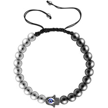 Load image into Gallery viewer, PiercingJ Mens Round Ball Silver Beaded Bracelet Hamsa Hand Evil Eye Chain 8mm Stainless Steel Hematite Stone Beads Adjustable Braided Macrame Tassels Bangle
