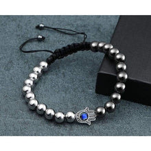 Load image into Gallery viewer, PiercingJ Mens Round Ball Silver Beaded Bracelet Hamsa Hand Evil Eye Chain 8mm Stainless Steel Hematite Stone Beads Adjustable Braided Macrame Tassels Bangle

