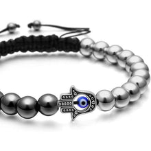 Load image into Gallery viewer, PiercingJ Mens Round Ball Silver Beaded Bracelet Hamsa Hand Evil Eye Chain 8mm Stainless Steel Hematite Stone Beads Adjustable Braided Macrame Tassels Bangle
