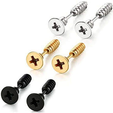 Load image into Gallery viewer, Stainless Steel Womens Mens Screw Stud Earrings Pierced Tunnel 3 Pairs 3 Colors (3 Pairs:Black+Silver+Gold)
