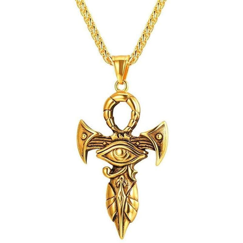 U7 Ancient Eye of Horus Ankh Cross Pendant Charm Men Women Vintage Amulet Jewelry Stainless Steel /18K Gold Plated Symbol of Protection Necklace,Text Engrave Customizable